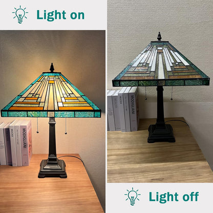 Tiffany Table Lamp Mission Style Tiffany Lamp 2-Light 16X16X24 Inches Amber Green Style Stained Glass Desk Lamp Decor for Bedrooms Living Room Study Home Office