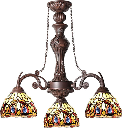 Tiffany Pendant Light Chandeliers 3-Light Cream Brown Antique Style Stained Glass Hanging Lamp for Living Dining Room Kitchen Foyer Home Farmhouse