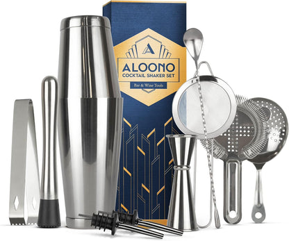 11-Piece Silver Boston Cocktail Shaker Set Bartender Kit | Drink Mixer Bar Set | Cocktail Set Bar Accessories: Martini Shaker, Strainer, Jigger, Muddler, Spoon, & More