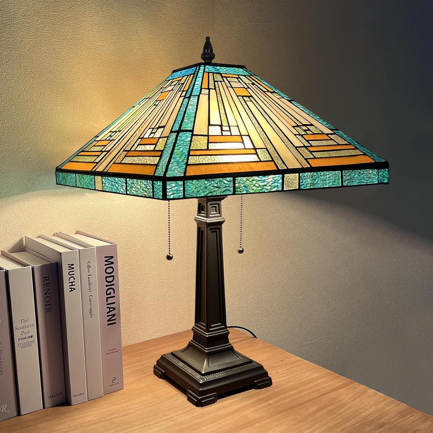 Tiffany Table Lamp Mission Style Tiffany Lamp 2-Light 16X16X24 Inches Amber Green Style Stained Glass Desk Lamp Decor for Bedrooms Living Room Study Home Office