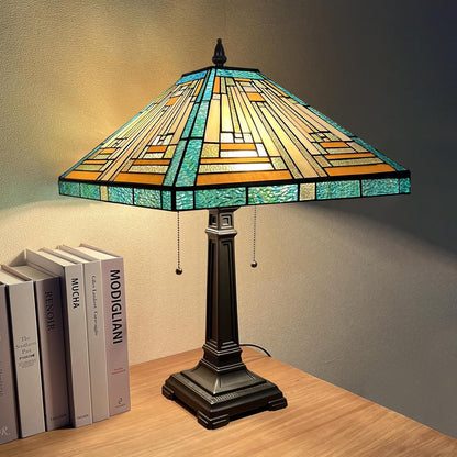 Tiffany Table Lamp Mission Style Tiffany Lamp 2-Light 16X16X24 Inches Amber Green Style Stained Glass Desk Lamp Decor for Bedrooms Living Room Study Home Office