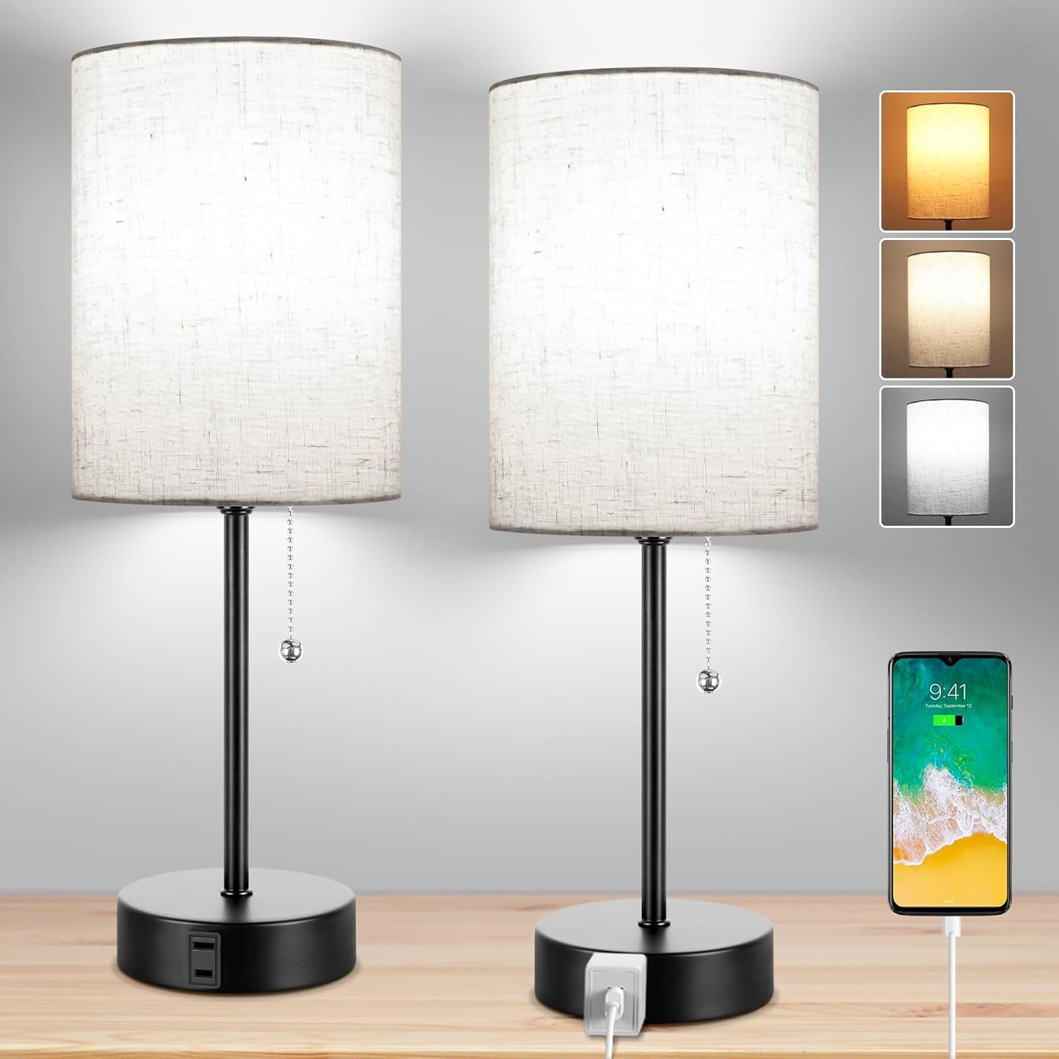 Bedside Lamps for Bedrooms Set of 2, Table Lamps for Nightstand with 3 Color Modes 2700K-5000K, AC Outlet, Nightstand Lamp Night Lamp for Living Room/Reading Room