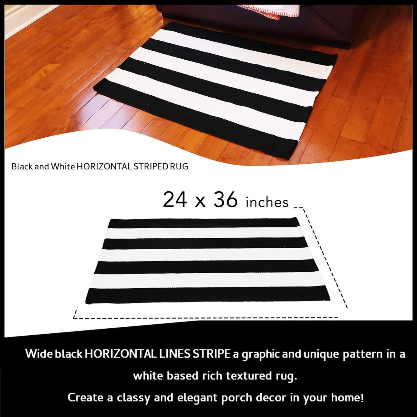 Striped Black and White Rug - 24X36 Inches Black and White Striped Rug, Black and White Striped Door Mat, Layering Rug for Outdoor Mats for Front Door, Black and White Striped Outdoor Rug