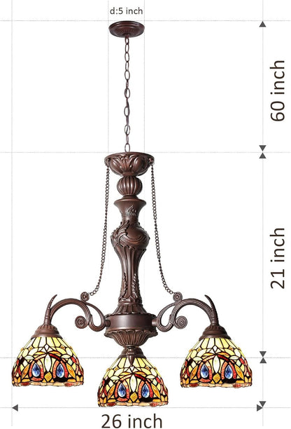 Tiffany Pendant Light Chandeliers 3-Light Cream Brown Antique Style Stained Glass Hanging Lamp for Living Dining Room Kitchen Foyer Home Farmhouse