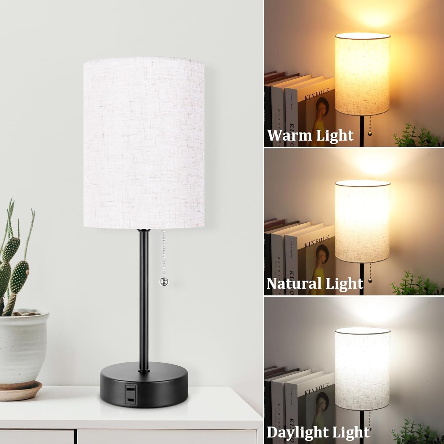 Bedside Lamps for Bedrooms Set of 2, Table Lamps for Nightstand with 3 Color Modes 2700K-5000K, AC Outlet, Nightstand Lamp Night Lamp for Living Room/Reading Room