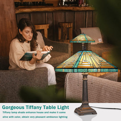 Tiffany Table Lamp Mission Style Tiffany Lamp 2-Light 16X16X24 Inches Amber Green Style Stained Glass Desk Lamp Decor for Bedrooms Living Room Study Home Office